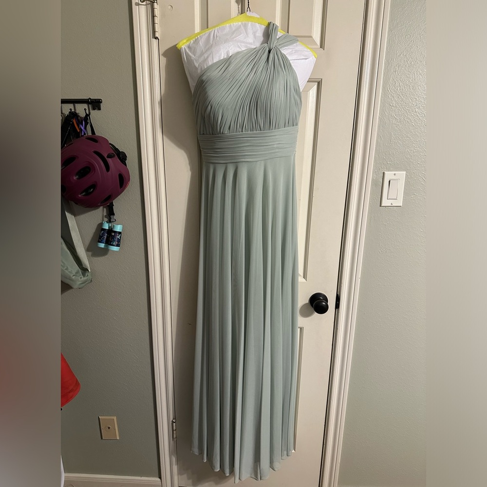 Sage green floor length dress, one shoulder and cute knot.